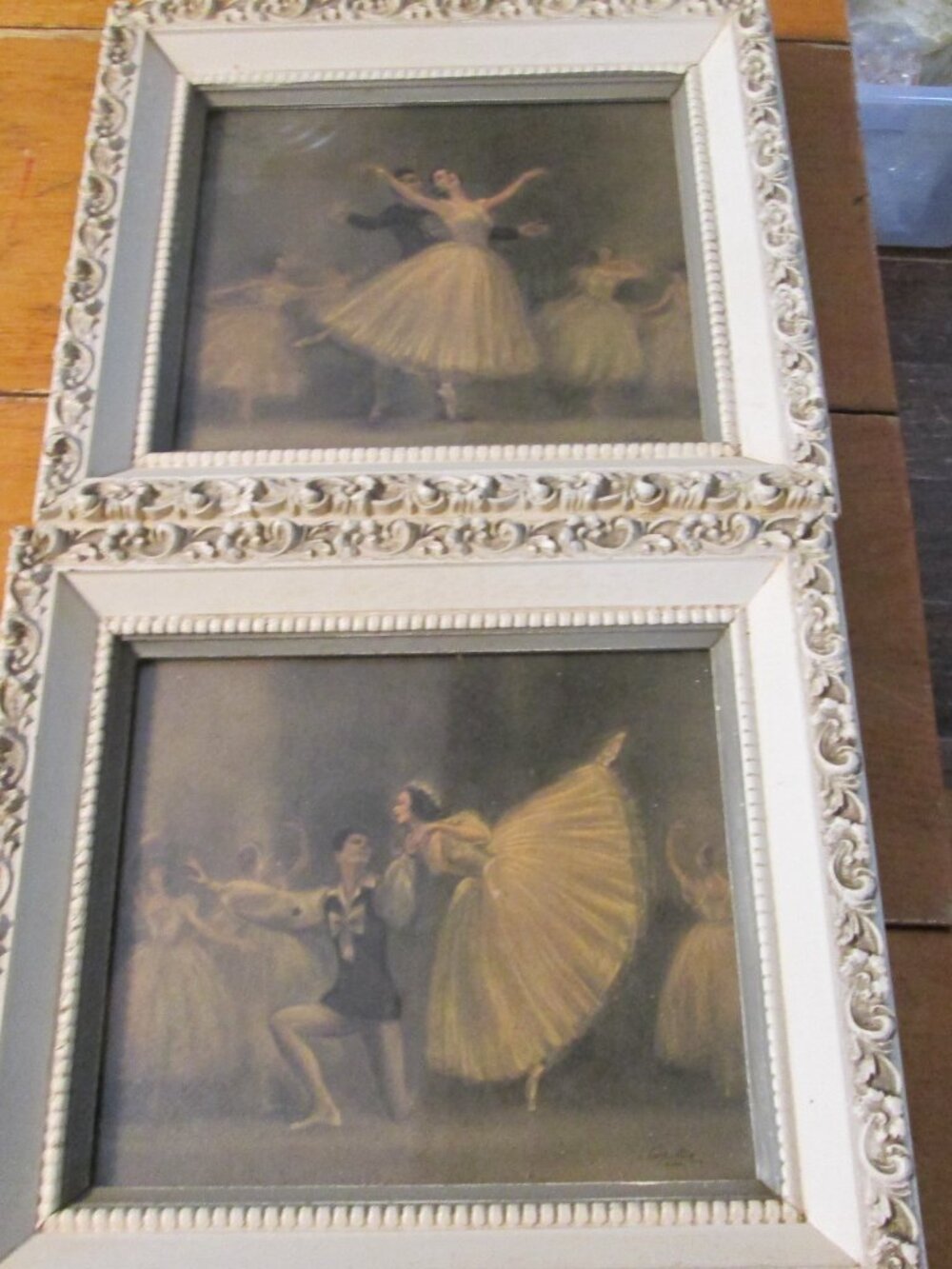 2 Vtg framed Under Glass Ballerina couple signed Sophie white gold wood frames - Picture 7 of 15